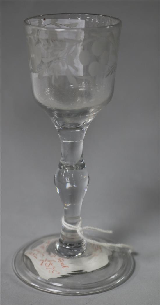 A George III baluster stem cordial glass engraved with fruit	 14cm